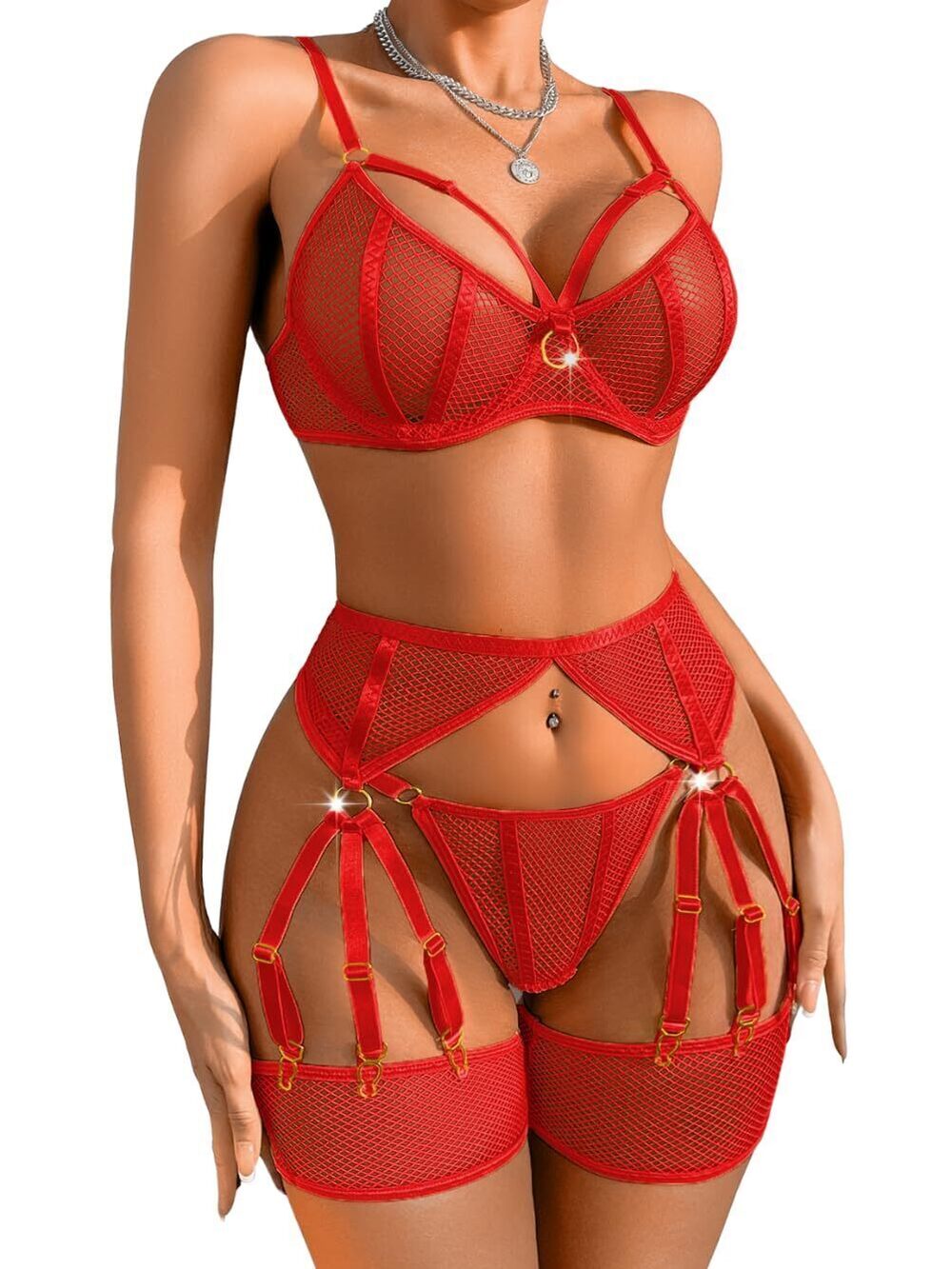 3144 Strappy Lingerie,Sheer Mesh Garter Belt Sets,4 Piece Sexy Outfit